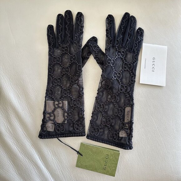 NWT GUCCI GLOVES TULLE LACE GG BLACK Sz 7 S - Picture 3 of 8